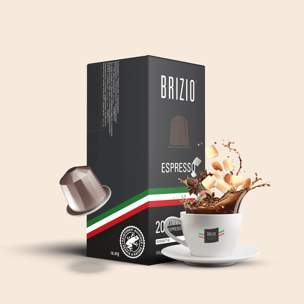 Brizio Espresso Cups/Capsules van CaféHuis - geschikt voor Nespresso-apparaten. Luxe Italiaanse verpakking met Rainforest Alliance-certificering. Intense Italiaanse espresso van cafékwaliteit, krachtig van smaak. Perfect voor liefhebbers van premium koffiecups en -capsules.